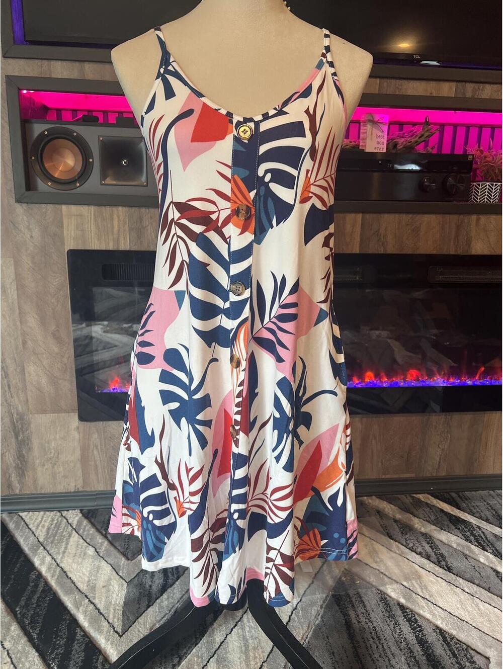Women's Tropical Print Button Front Dress with Adjustable Straps - Size Small